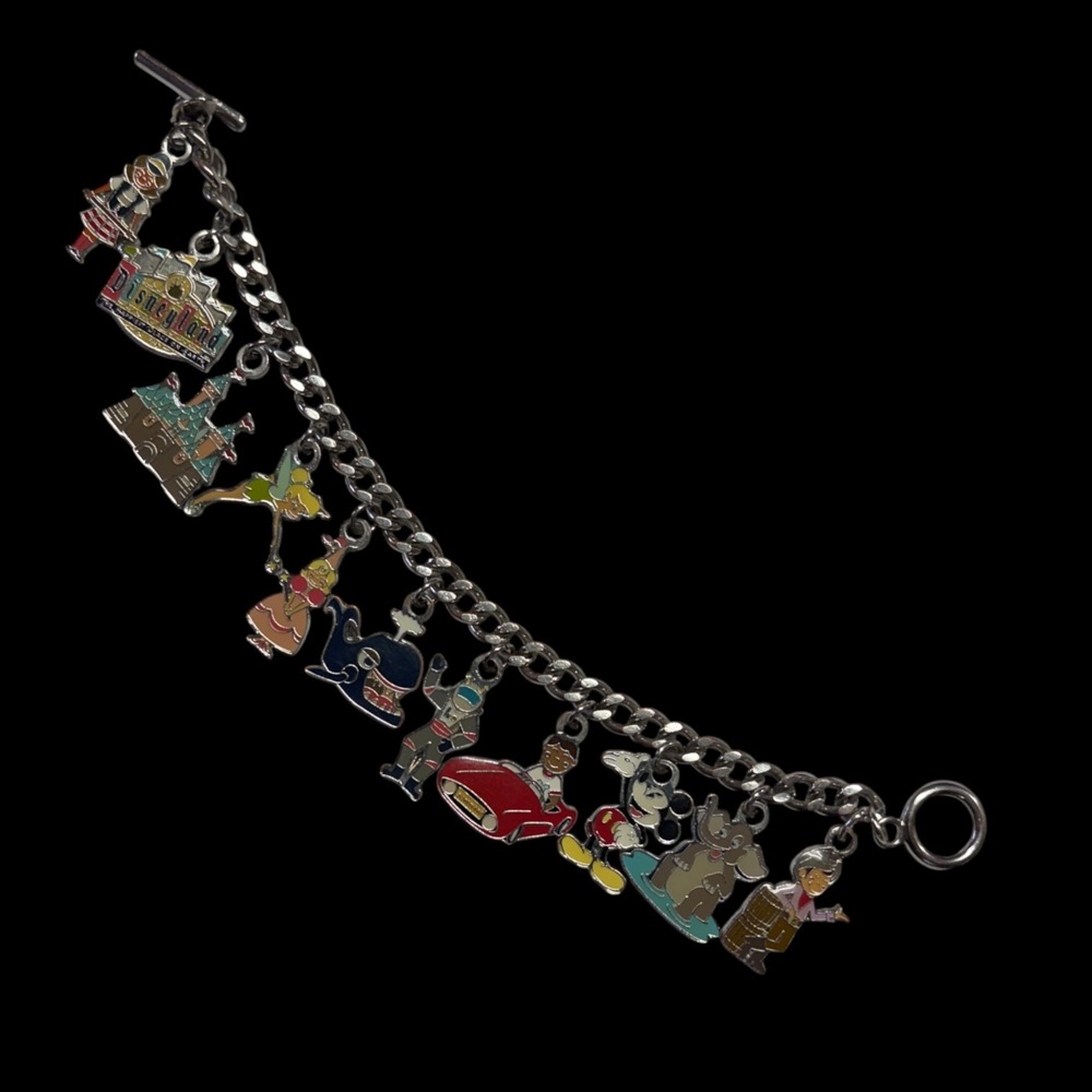 Disney Charm Bracelet Disneyland Park Attractions Mickey Mouse Silver Tone Exc